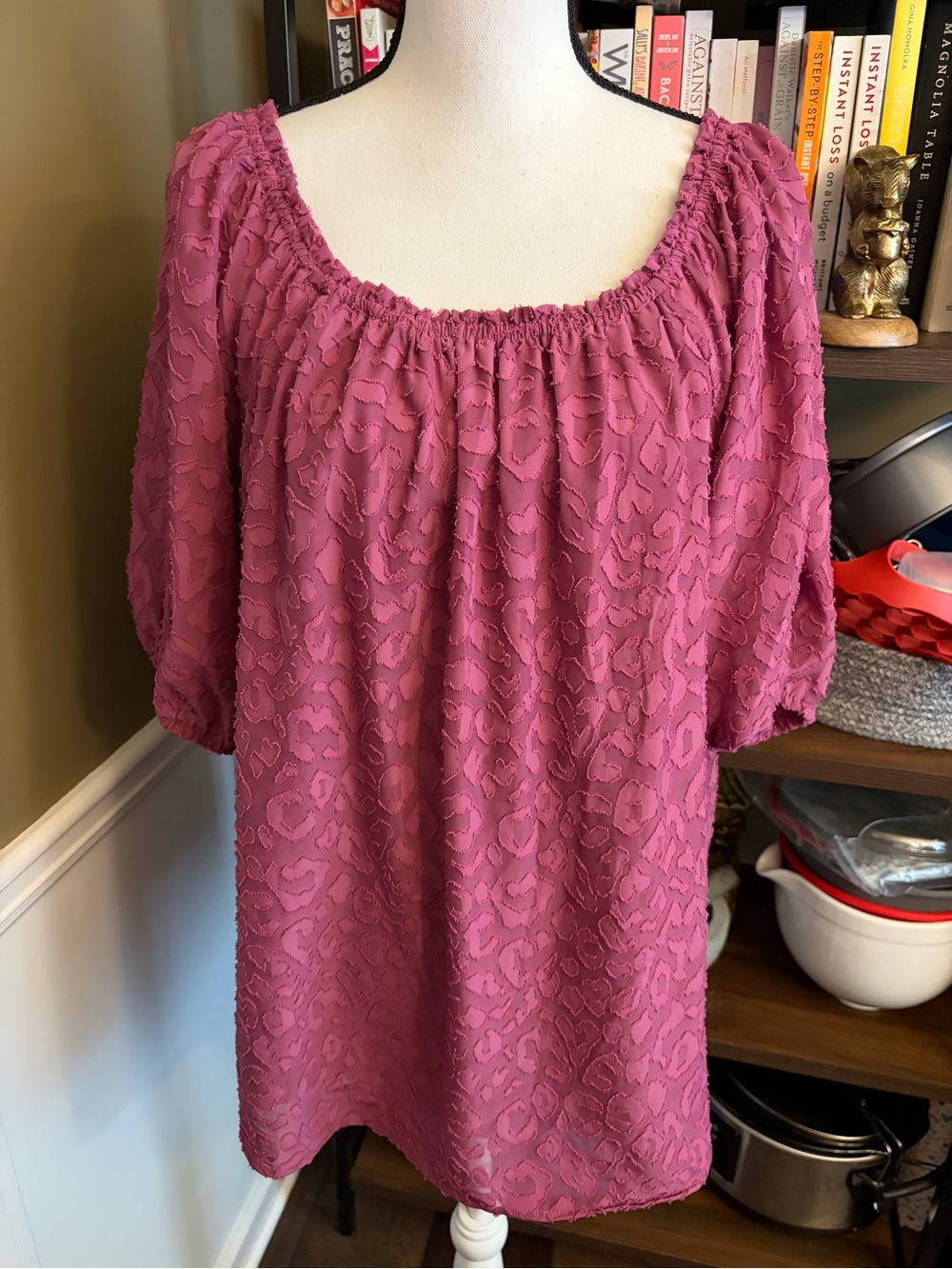 Retrology Magenta Smocked Neck Peasant Top